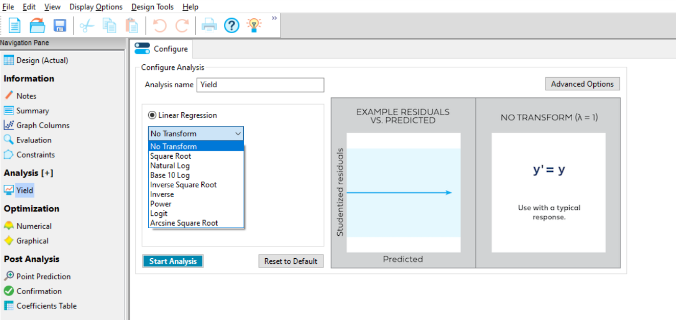 Analysis Section And Transform Tab In Design Expert 13