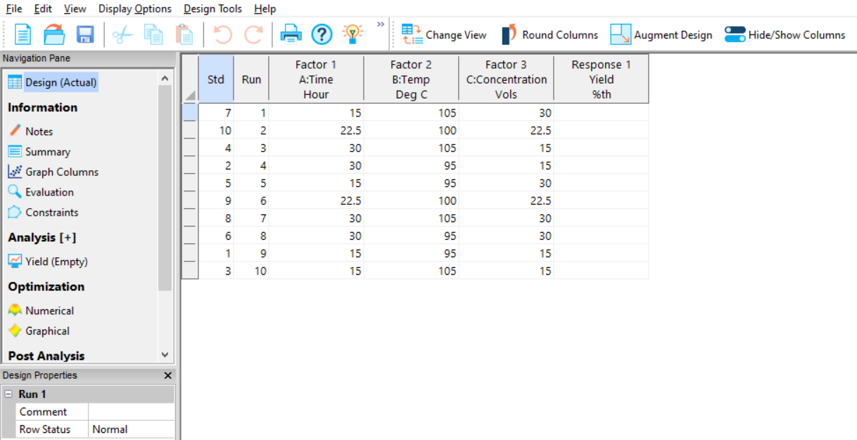 A Completed 2 Level Factorial Design Template In Design Expert 13